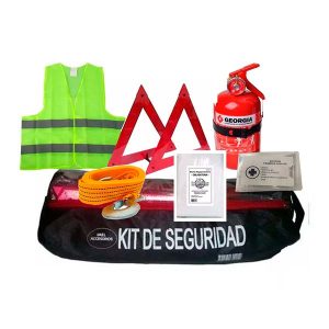 Kit de seguridad vial completo con matafuegos, chaleco, balizas, botiquín, manta y bolso organizador