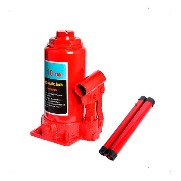 Crique hidráulico tipo botella rojo, disponible en versiones de 2, 4, 10, 15, 20 Y 30 toneladas con válvula de seguridad
