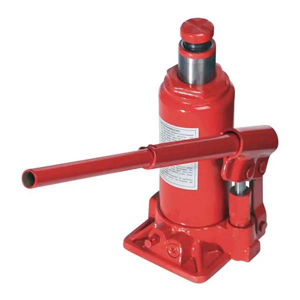 Crique hidráulico tipo botella rojo, disponible en versiones de 2, 4, 10, 15, 20 Y 30 toneladas con válvula de seguridad