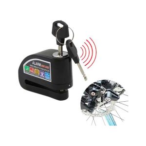 44. Traba Disco Moto Con Alarma Reforzada Con Llaves 2 Traba disco reforzada con alarma de 110dB para moto, color negro, incluye llaves de seguridad