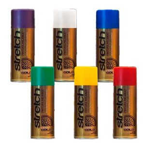 Pintura aerosol Stretch perlado en colores vibrantes con acabado satinado: azul, blanco, rojo, verde, violeta y amarillo