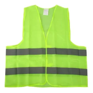 Chaleco reflectivo de seguridad color fluor con bandas grises, obligatorio para VTV y uso en ruta