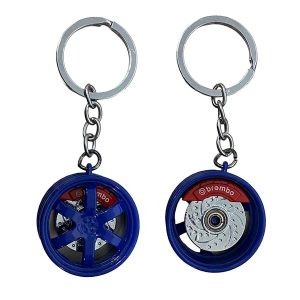 llavero metálico llanta deportiva 6 rayos con disco de freno móvil en colores azul, blanco, negro, rojo y verde