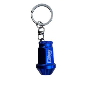 llavero metálico tuerca de rueda en colores azul, rojo y plateado