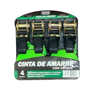 Pack de 4 cintas de amarre PRO con criquet reforzado de 2,5 cm x 5 m y capacidad de 800 kg