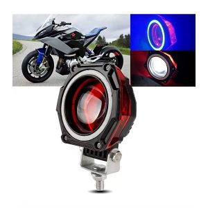 114. Faro Moto:Cuatri Led Lupa Blanco + Ojo De Ángel Azul C:Carcaza Roja 2 Faro Moto/Cuatri Led Lupa Blanco + Ojo De Ángel Azul C/Carcaza Roja