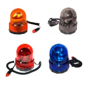 Baliza giratoria ovalada 12V con base imantada color ámbar sobre fondo blanco