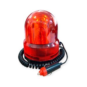 Baliza giratoria ovalada 12V con base imantada color ámbar sobre fondo blanco
