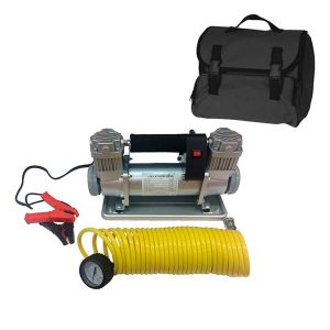 Compresor doble pistón metálico 12V para 4x4 con bolso, manómetro y picos adaptadores