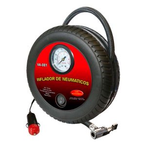 Mini compresor portátil 12V formato rueda VA-081 negro y rojo con manómetro y adaptadores