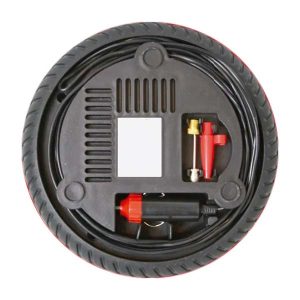 Mini compresor portátil 12V formato rueda VA-081 negro y rojo con manómetro y adaptadores