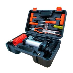 Mini compresor metálico con luz LED, manómetro y valija con kit de reparación de neumáticos