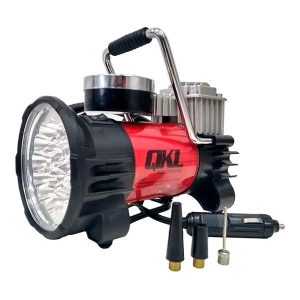 Compresor metálico con linterna LED y manómetro, ideal para auto y bicicleta