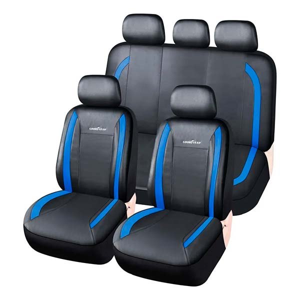 Funda cubre asiento Goodyear de cuerina 11 piezas negra con gris, roja, azul o totalmente negra para autos y camionetas azul